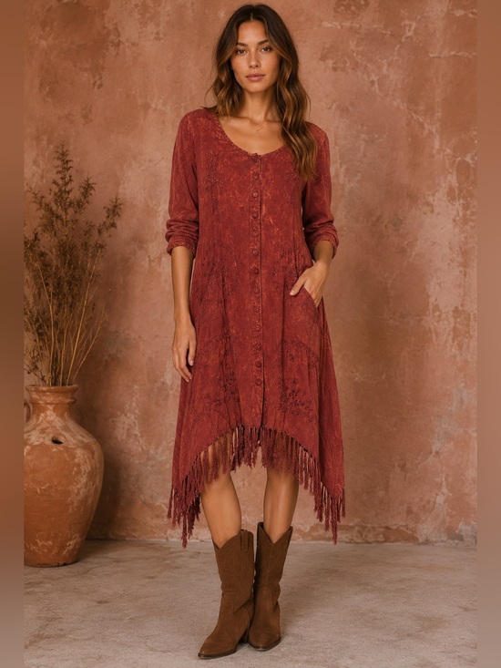 Vintage Tops - Vintage 90s Acid Wash Embroidered Fringe Tunic Dress Boho Festival Hippie M/L